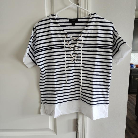 J. Crew Swingy Striped Poplin Lace Up Sailor T-Shirt - Picture 3 of 6